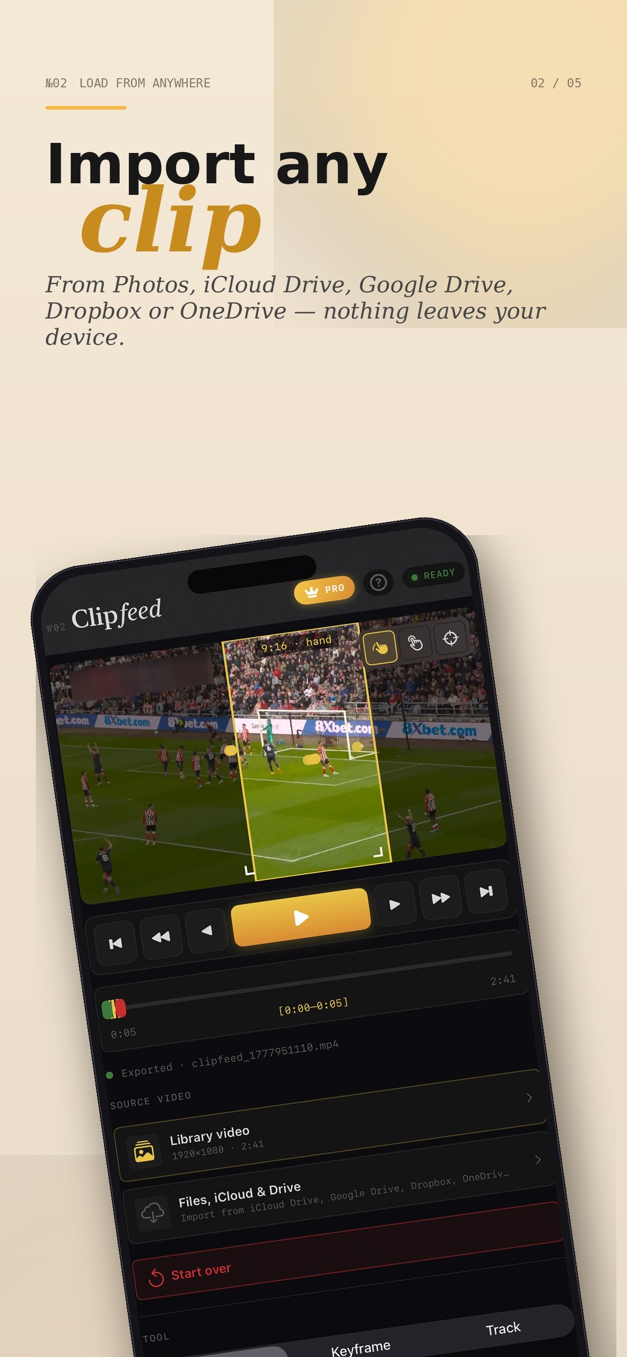 Clipfeed iPhone screenshot — landscape video being reframed to 9:16 with subject tracking