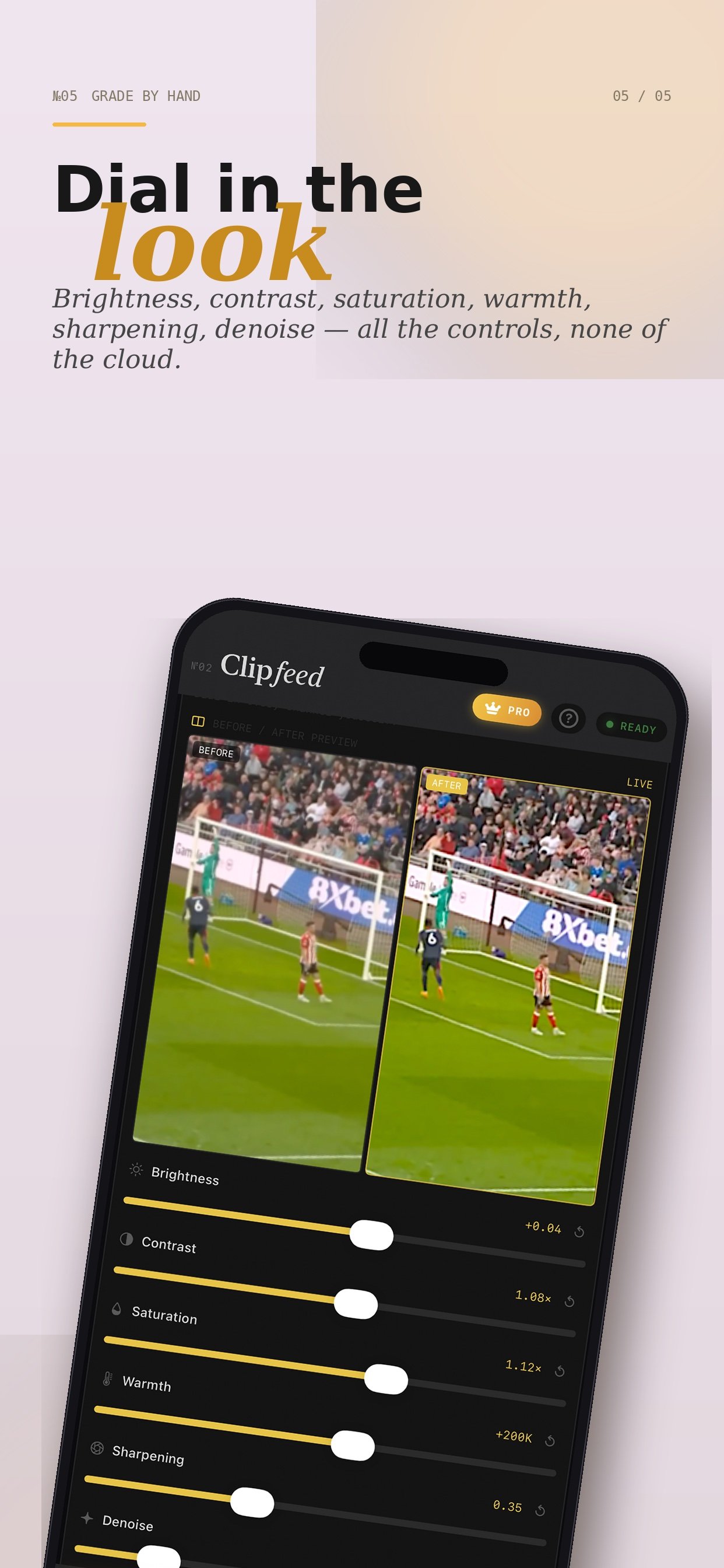Enhance on export — Off, Light, Auto, Manual modes with live before/after preview